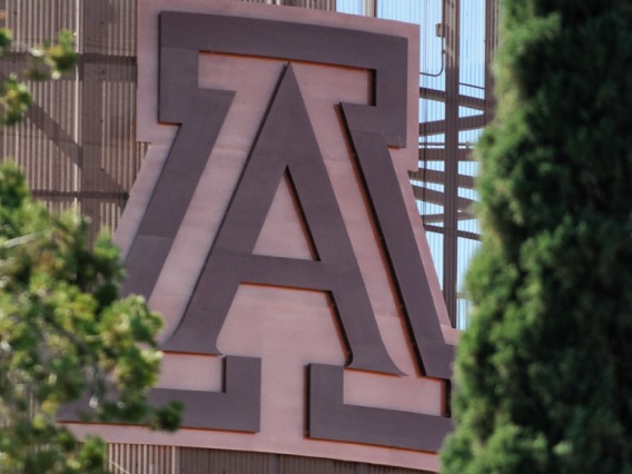 Photo of a large, copper Block A mounted atop Arizona Football Stadium