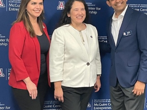 Mayor Romero, Small Business Administration Administrator Isabella Casillas Guzman, and Eller Dean Kannan pose for a photo