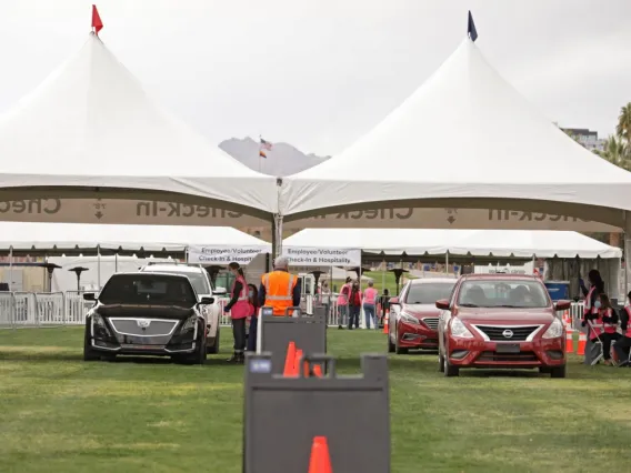 A drive-thru vaccination clinic on the University of Arizona Mall