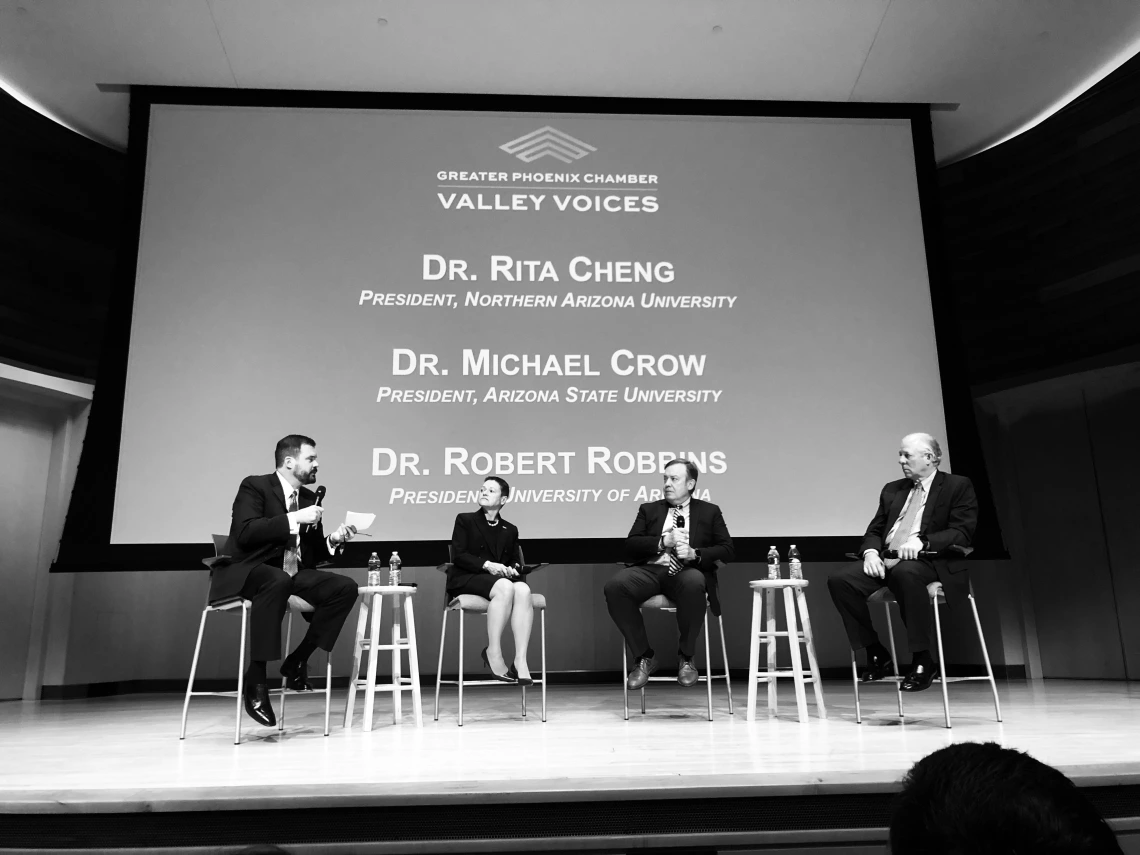 Arizona's Public University Presidents sit on stage as they answer questions from a moderator