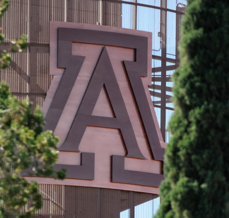 Photo of a large, copper Block A mounted atop Arizona Football Stadium