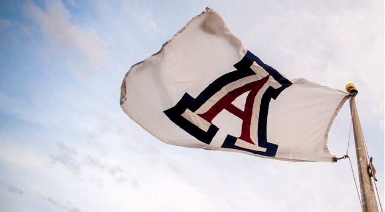 The University of Arizona's flag is seen on a flag pole waving in the sky
