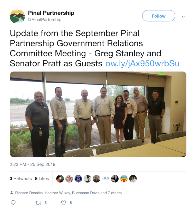 Screenshot of a tweet by the Pinal Partnership with information about their recent meeting: Update from the September Pinal Partnership Government Relations Committee Meeting - Greg Stanley and Senator Pratt as Guests http://ow.ly/jAx950wrbSu 