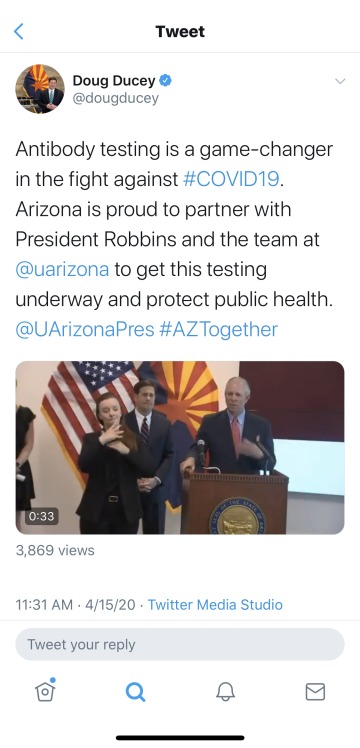 Snapshot of Governor Ducey's tweet regarding COVID-19 Announcement