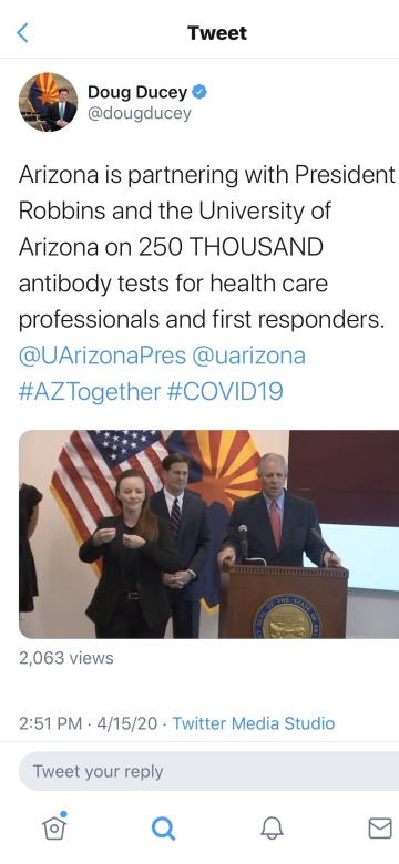Second Snapshot of Governor Ducey's tweet regarding COVID-19 Announcement