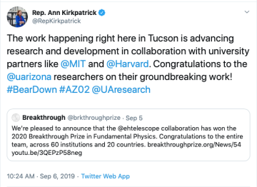 Photo of a tweet from Representatve Kirkpatrick congratulating UA researchers on their 2020 Breakthrough Prize award