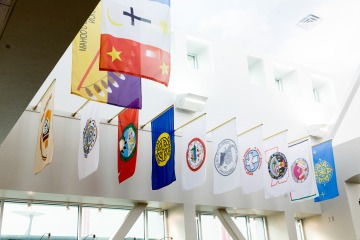 Flags are installed overhead at the UArizona Bookstore in the Student Union